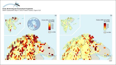 (a) Critical loads of acidity expressed as sulfur (5th percentile presented for each grid) for lakes in northern Fennoscandia and surface waters on Svalbard, and (b) their exceedance (95th percentile) (map/graphic/illustration)