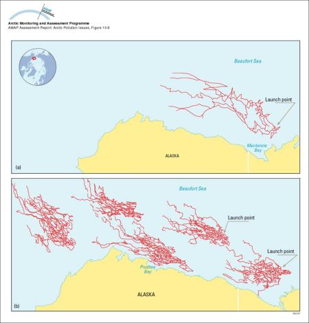 (a) Trajectories of five satellite-tracked buoys launched in Mackenzie Bay, Canada, and (b) results of 30-day trajectories of oil launched from five hypothetical spill locations in the Beaufort Sea (map/graphic/illustration)