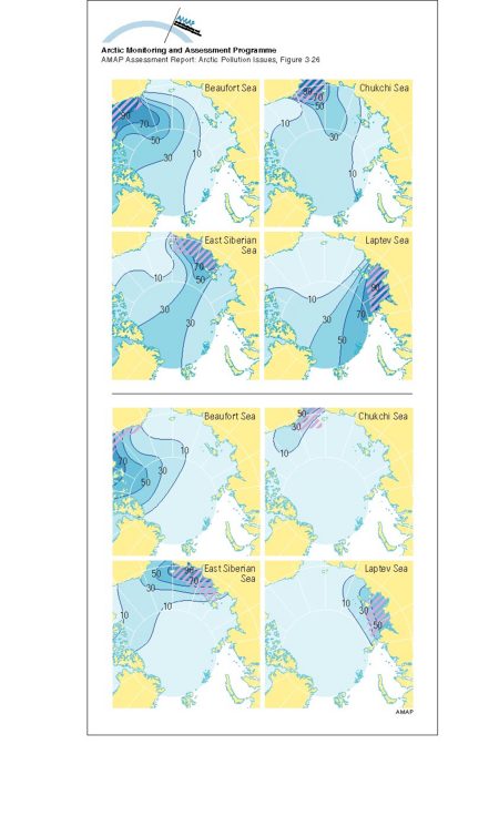 Above: contours of the asymptotic probability of ice formed in the hatched region moving into different parts of the Arctic Basin Below: contours of the asymptotic probability of ice moving from different areas into the hatched region and melting (map/graphic/illustration)