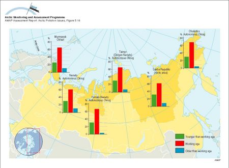 Age structure of the Arctic population of the Russian Federation, % of the total population, by region, 1993 (map/graphic/illustration)