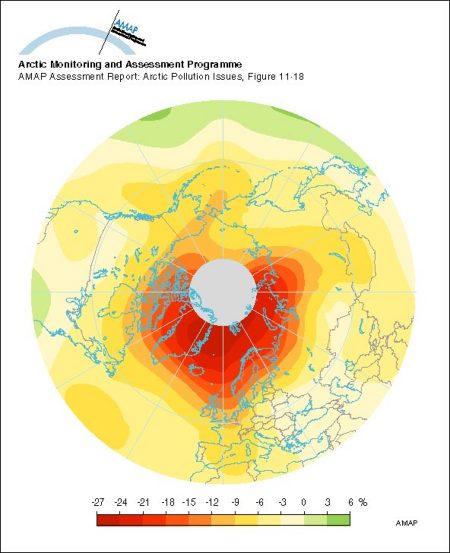 An example of a type 2 ozone anomaly, showing levels of ozone depletion relative to the long-term mean (map/graphic/illustration)