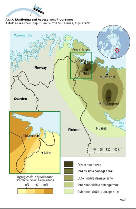 Approximate forest damage zones in the vicinity of Monchegorsk and Nikel and the visible-damage and non-visible-damage zones on the Kola Peninsula and Finnish Lapland The inset shows coverage (%) of lichens (Hypogymnia physodes and Parmelia olivacea) on (map/graphic/illustration)