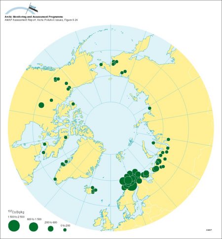 Average activity concentrations of 137Cs in reindeer meat after 1990 (map/graphic/illustration)