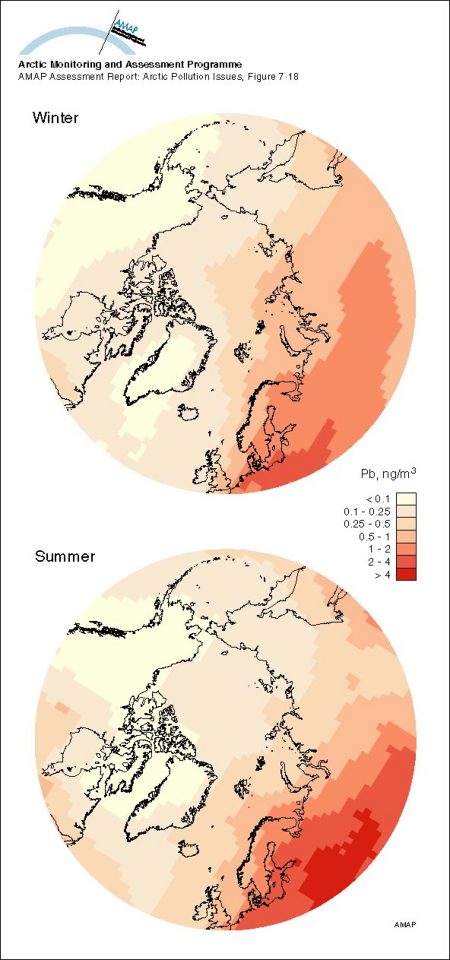 Averaged upper (3000 m) air concentrations of Pb in winter (December-February) and summer (June-August) as modeled by the updated (1996) hemispheric EMEP transport model in a simulation for the reference year 1988 (map/graphic/illustration)