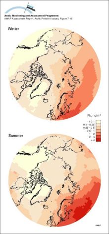 Averaged upper (3000 m) air concentrations of Pb in winter (December-February) and summer (June-August) as modeled by the updated (1996) hemispheric EMEP transport model in a simulation for the reference year 1988