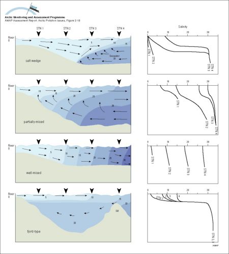 Basic circulation and salinity distribution in salt wedge, partially-mixed, well-mixed and fjord-type estuaries as defined by Wollast and Duinker (1982) Numbers and shading show salinity values (map/graphic/illustration)