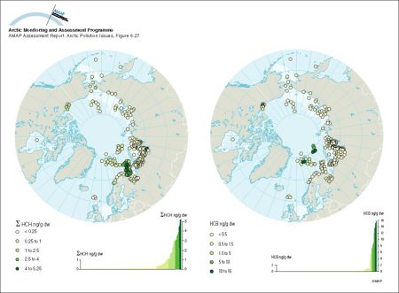 Concentrations of sum-HCH and HCB in marine surface sediments (from grab samples or from top slices of cores) on a circumpolar basis, and the ranked distribution of values (map/graphic/illustration)
