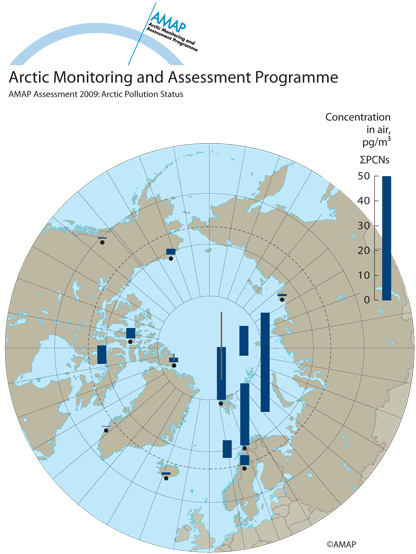 Concentrations of total PCNs in air of Arctic and subarctic regions (map/graphic/illustration)