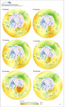 Development of a type 1 ozone anomaly The series of satellite images show total column ozone for a period of days spanning 6-26 January 1996