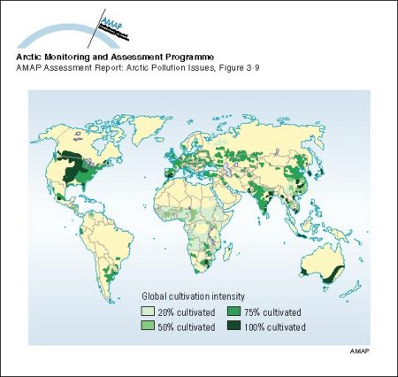 Global distribution of cultivation intensity based on a 1° x 1° latitude/longitude grid (map/graphic/illustration)