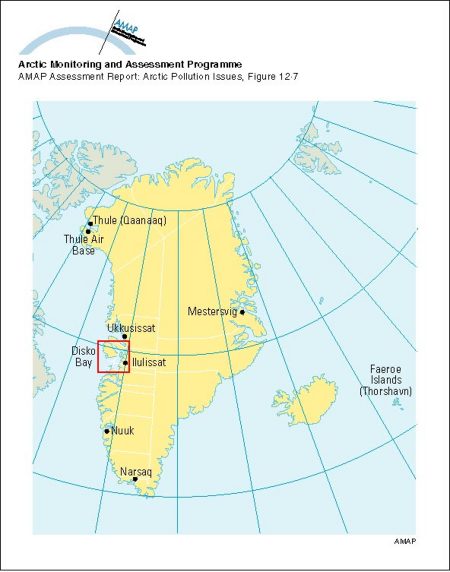 Human health study locations in Greenland and the Faeroe Islands; Disko Bay was the main area studied under the AMAP monitoring programme (1994-96) (map/graphic/illustration)