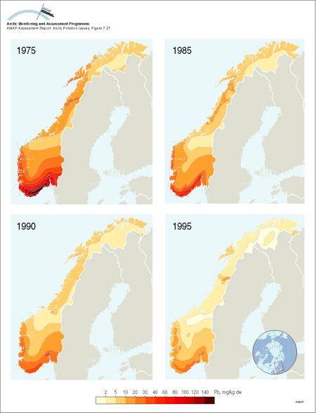 Latitudinal gradient of deposition of Pb in Norway in different years, as reflected by Pb concentrations in moss (map/graphic/illustration)