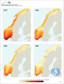 Latitudinal gradient of deposition of Pb in Norway in different years, as reflected by Pb concentrations in moss