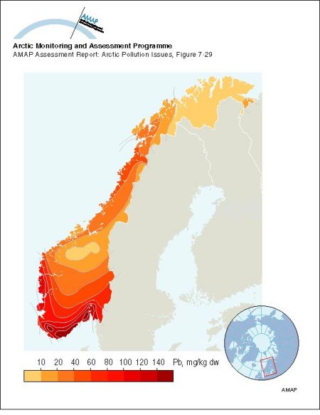 Lead concentrations in soil in Norway in 1975 (map/graphic/illustration)