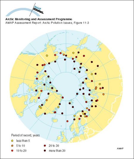 Locations of upper-air meteorological monitoring stations in the Arctic Meteorological station density for surface observations is greater for inland areas of the Arctic, while observations of any kind are sparse over the Arctic Ocean (map/graphic/illustration)