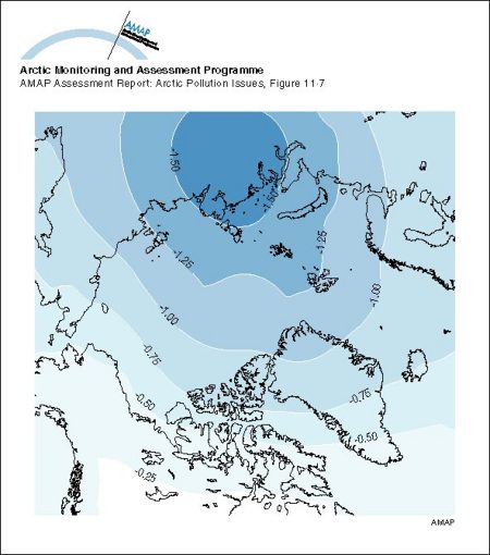 Lower stratospheric (ca 120-40 hPa) Arctic temperature trends (°C per decade, January 1979 to February 1996), as monitored by MSUs on polar orbiting satellites (map/graphic/illustration)