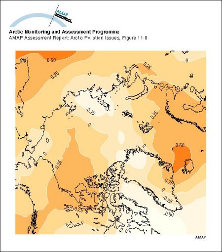 Lower tropospheric Arctic temperature trends (°C per decade, January 1979 to February 1996), as monitored by MSUs on polar orbiting satellites (map/graphic/illustration)