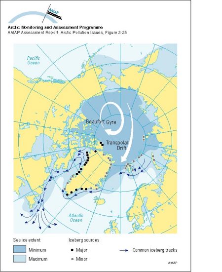 Main sources of icebergs and common iceberg drift trajectories The main ice circulation pattern follows the Transpolar Drift in the eastern Arctic and the Beaufort Gyre in the western Arctic (white arrows) (map/graphic/illustration)