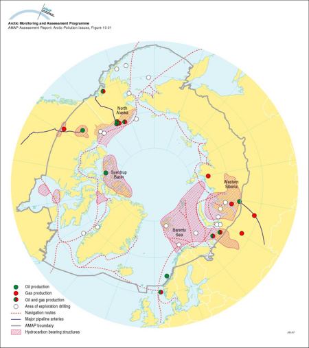 Major areas of oil and gas development and potential development in the Arctic, and major shipping routes and possible new routes through Arctic waters (map/graphic/illustration)
