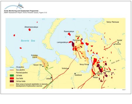 Major oil and gas development and potential development areas in Arctic Russia and the Barents Sea region (map/graphic/illustration)