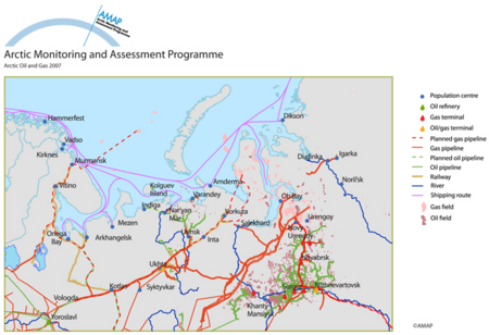 Map of main oil and gas transport routes from Russian Arctic production areas (map/graphic/illustration)