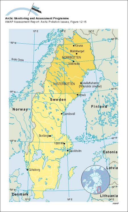 Map of Sweden showing locations mentioned in the text; Arctic areas comprise the two northernmost counties, Norrbotten and Västerbotten (map/graphic/illustration)