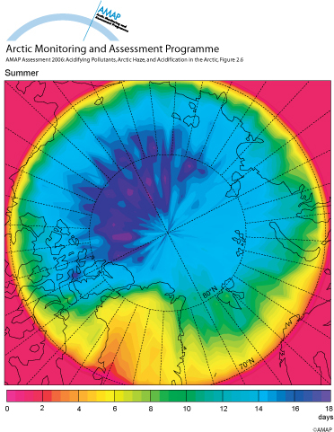 Mean arctic age of air in the lowest 100 m of the atmosphere (summer) (map/graphic/illustration)