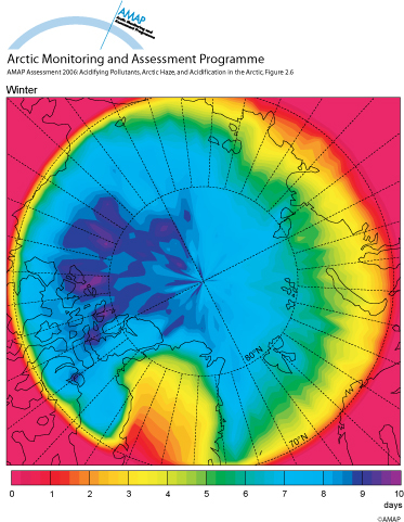 Mean arctic age of air in the lowest 100 m of the atmosphere (winter) (map/graphic/illustration)