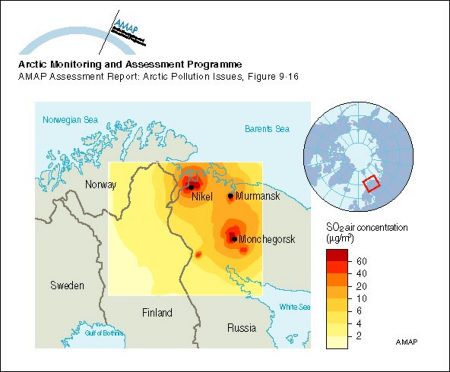 Model calculations of ground level yearly average sulfur dioxide air concentration on the Kola Peninsula (map/graphic/illustration)