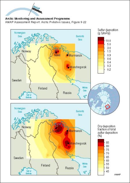Model calculations of sulfur deposition and fraction of dry deposition for the period July 1990 to June 1991 in northern Fennoscandia and the Kola Peninsula (map/graphic/illustration)