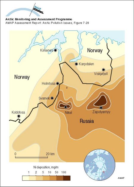Nickel deposition to snow on the Kola Peninsula in April 1990 (map/graphic/illustration)