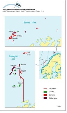 Oil and gas development areas in the Norwegian Sea and Norwegian Barents Sea regions