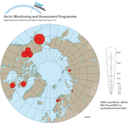 PBDE concentrations in blood of mothers, pregnant women and women of child-bearing age in the circumpolar countries (map/graphic/illustration)