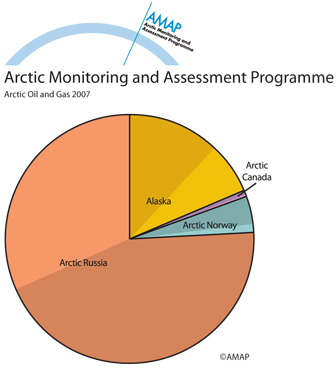Pie charts showing original oil in place in the Arctic areas of the four Arctic producing countries (map/graphic/illustration)