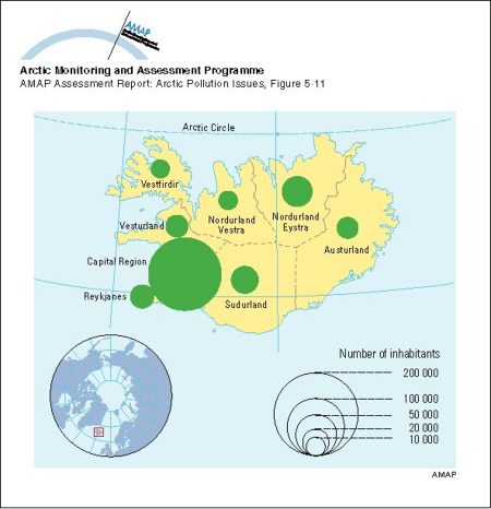 Population of Iceland, by geographic division, 1994 (based on administrative districts as of July 1, 1995) (map/graphic/illustration)