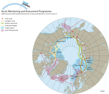 Shipping routes, oil and gas regions, and fishing grounds in the Arctic (map/graphic/illustration)
