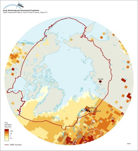 SO2 emissions north of 50°N (modified after Benkovitz et al 1995, see Figure 91) showing point source emissions from Arctic and subarctic non-ferrous smelters and including natural DMS sources from the North Atlantic Ocean Area sources are not included (map/graphic/illustration)