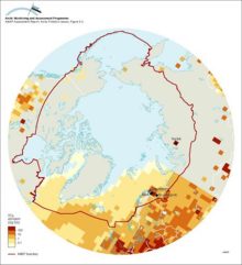SO2 emissions north of 50°N (modified after Benkovitz et al 1995, see Figure 91) showing point source emissions from Arctic and subarctic non-ferrous smelters and including natural DMS sources from the North Atlantic Ocean Area sources are not included