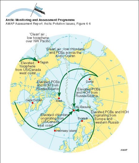 Source regions for HCH, chlordane, toxaphene, and PCBs in Arctic air based on 5-day back-trajectories for elevated air concentrations at Tagish, Alert, and Ny-Ålesund (map/graphic/illustration)