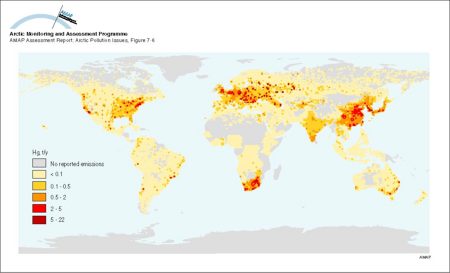Spatial distribution of global emissions of Hg in 1990 within a 1° x 1° grid The total emission inventory is 2144 tonnes Hg (map/graphic/illustration)