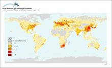Spatial distribution of global emissions of Hg in 1990 within a 1° x 1° grid The total emission inventory is 2144 tonnes Hg