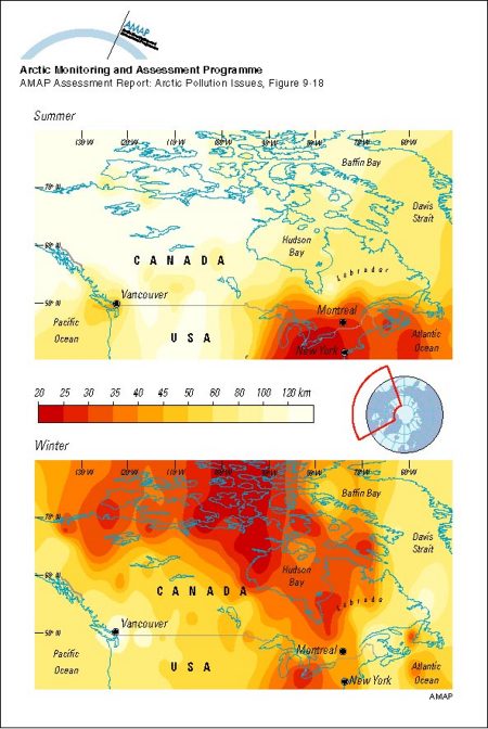 Summer and winter visibility observations (for relative humidities less than 80%) for the period 1951 to 1993 in North America (map/graphic/illustration)