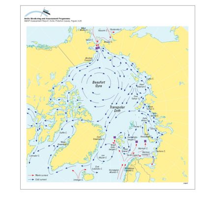 Surface currents in the Arctic region Square boxes indicate that the denser inflowing (Atlantic and Pacific) waters are submerging under the Polar Surface Water The continuation of these flows can be seen in Figure a03-27 (map/graphic/illustration)