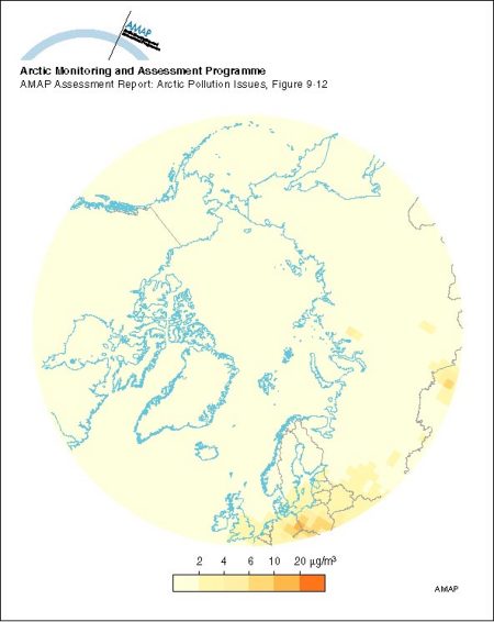 The predicted (1988) average surface air sulfate concentrations in the Arctic (map/graphic/illustration)