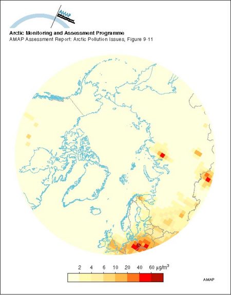 The predicted (1988) average surface air sulfur dioxide concentrations in the Arctic (map/graphic/illustration)
