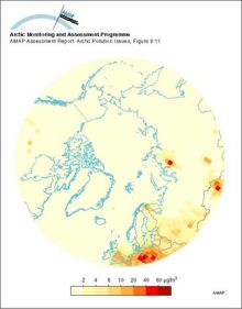 The predicted (1988) average surface air sulfur dioxide concentrations in the Arctic