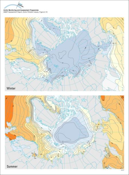 Winter and summer surface water temperatures in the Arctic Ocean and adjacent seas (map/graphic/illustration)