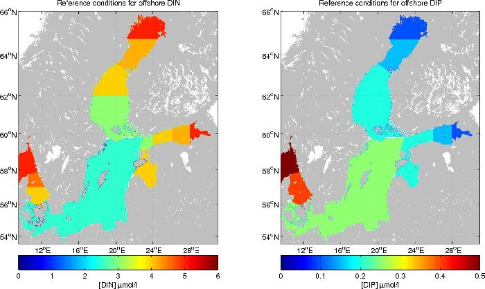 Reference concentrations of DIN and DIP in the Baltic basins, based on Swedish estimates developed during the implementation of the Water Framework Directive. Reference concentrations in the Gulf of Finland and Gulf of Riga have been based on those determined for the Gulf of Bothnia