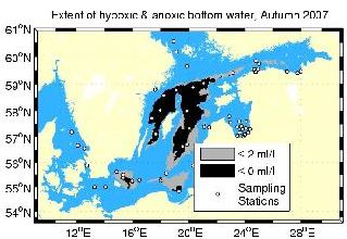 Extent of hypoxic and anoxic bottom water, Autumn 2007. SMHI.