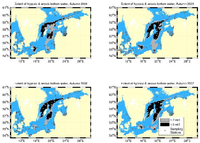 The extent of hypoxic and anoxic water in the Baltic Proper, 2004 - 2007